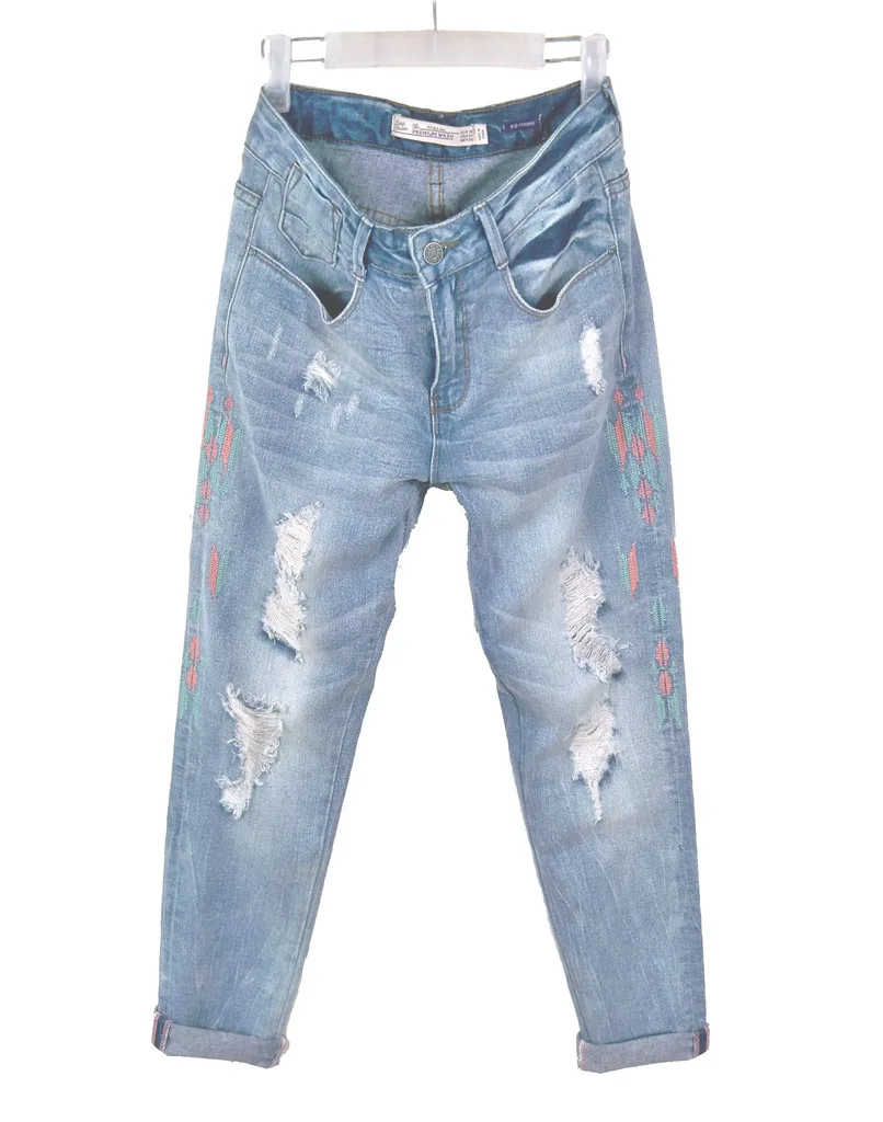 

2015 Summer Women ZA Trf Ethnic Boyfriend Style Embroidery Hole Denim Trousers Light Blue Washed Ripped Harem Jeans Pants