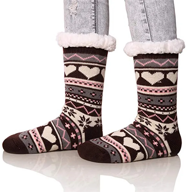 New arrival Women's Winter Super Soft Warm Cozy Fuzzy Fleece-lined Heart Pattern With Gripp winter socks D17 (4)