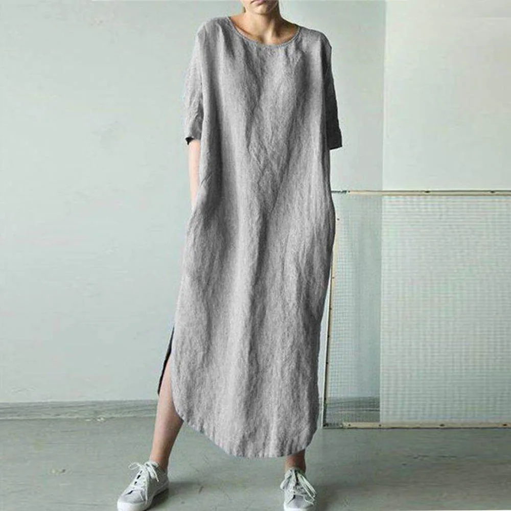 Lipswag 5XL женское повседневное хлопковое льняное платье с круглым вырезом Летнее Длинное платье с рукавом средней длины элегантное однотонное платье-Кафтан размера плюс Vestidos - Цвет: Gray