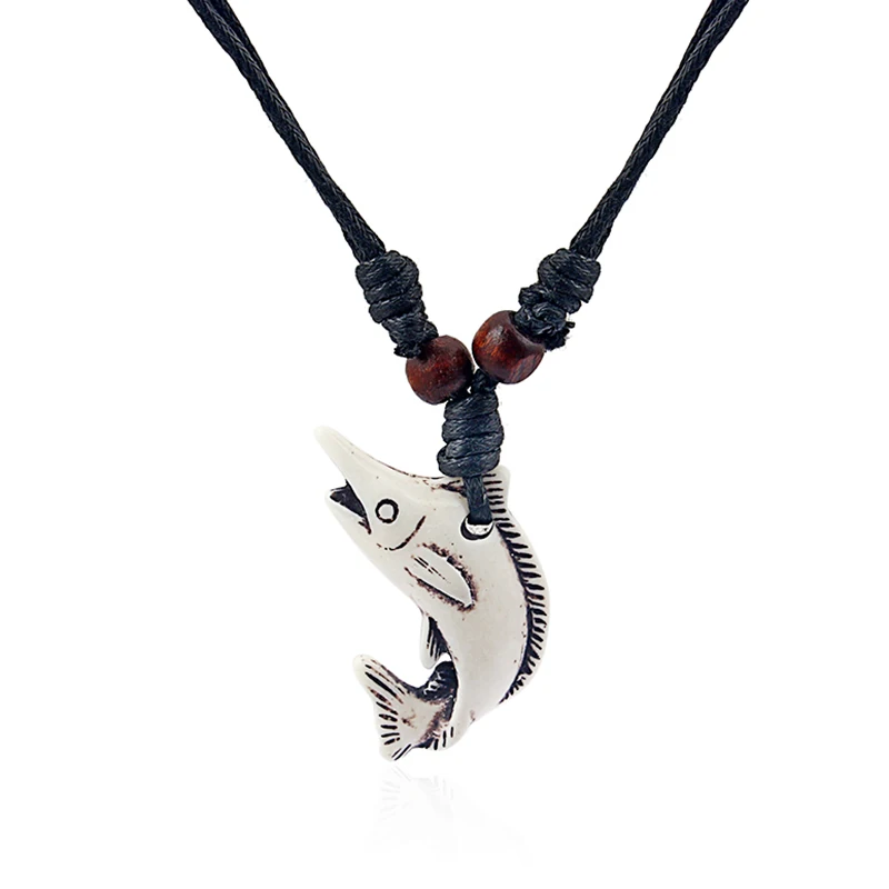 12Pcs Black Wax Cotton Cord Tribal Yak Bone Resin Carved Small Shark Fish Pattern Pendant Necklace