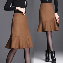 Осень-зима, модная Офисная Женская Черная шерстяная юбка-труба с высокой талией и оборками, шерсть, Юбки Русалки для женщин