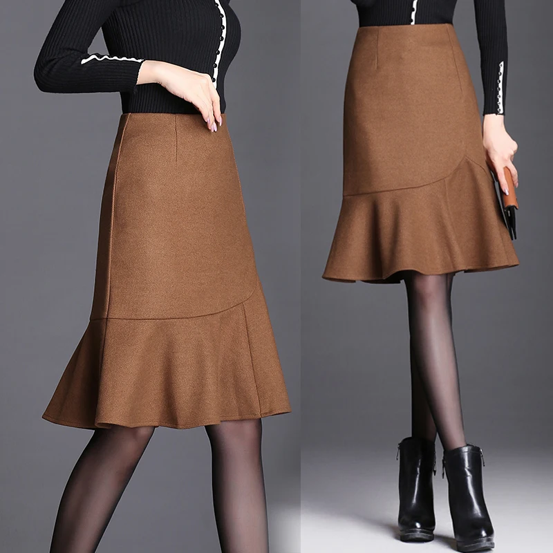 

Winter Fall Fashion Office Ladies Women Camel Black High Waist Ruffles Woolen Trumpet Skirt , 2018 Wool Mermaid Skirts For Woamn
