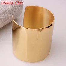 Granny Chic New Designer Stainless Steel Wide Blank Plain Shiny Arm Cuff Bangle Bracelet Gold color Jewelry Ladies Fashion