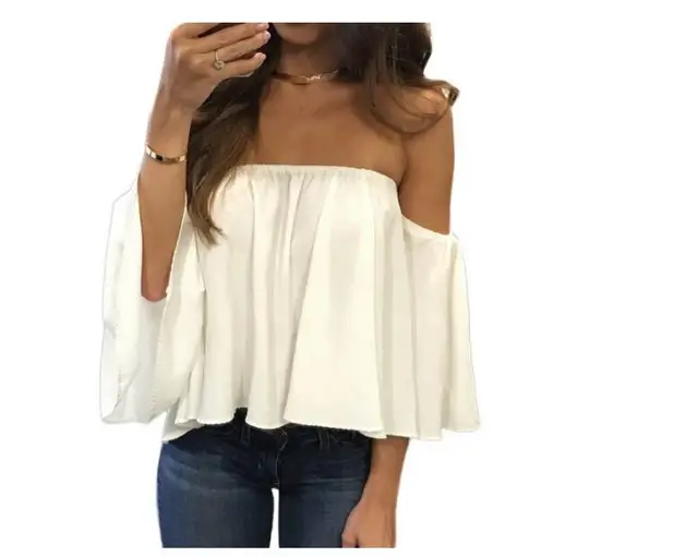 2022 Summer T-shirt Women Fashion Sexy Chiffon Off Shoulder Shirts Strapless Short Sleeve Beach Tops Tee Feminine Plus Size 5XL white