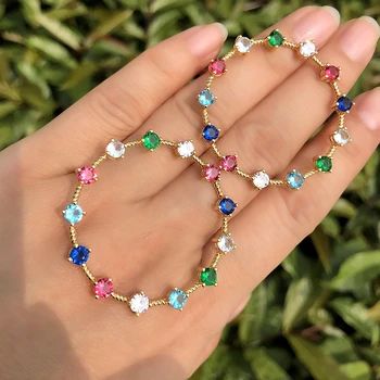 

Round circle big earring paved mix colorful cubic zirconia for women Gold color rainbow boho earring fashion Party jewelry 2019