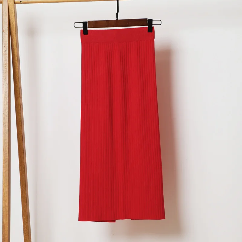 Queechalle, весна-осень, однотонная тонкая трикотажная юбка для женщин, сексуальная, с разрезом, эластичная, завышенная талия, Облегающие юбки, женские, серые, темно-синие - Цвет: red