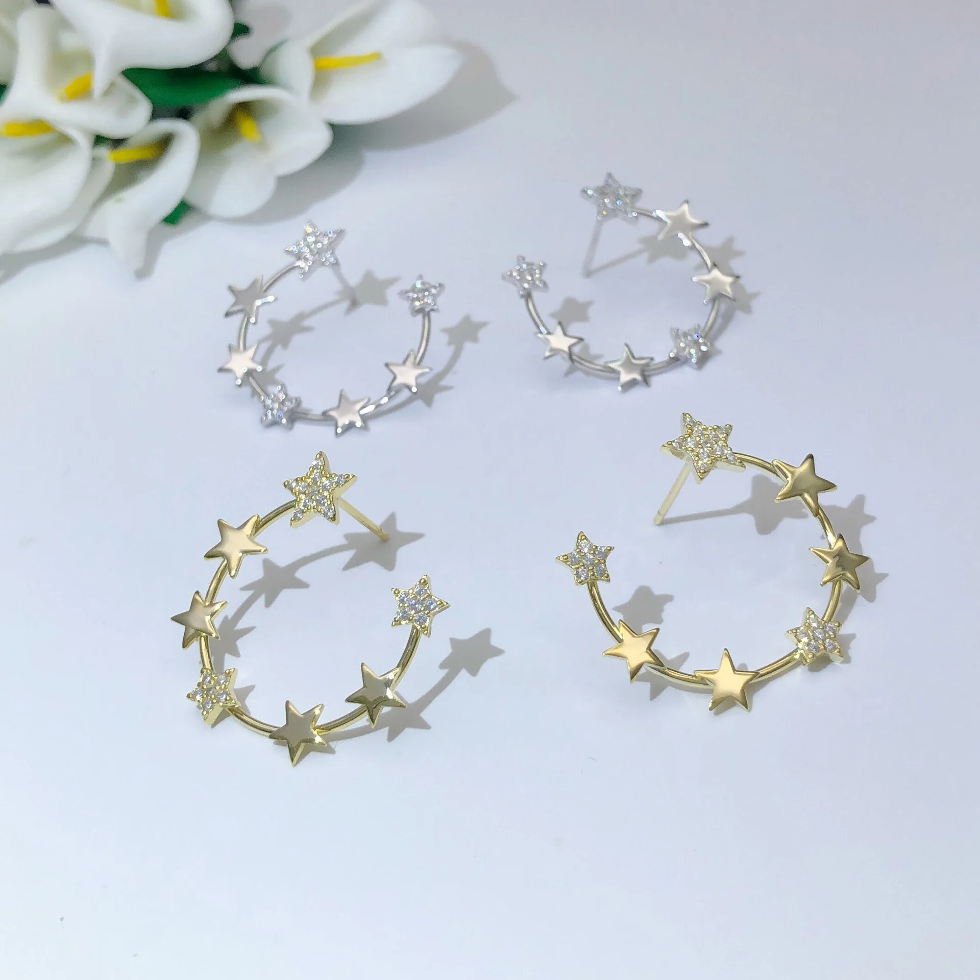 stars half circle silver earrings woman 100% 925 Sterling silver Jewelry fashion Hypoallergenic Stud earrings for woman gift