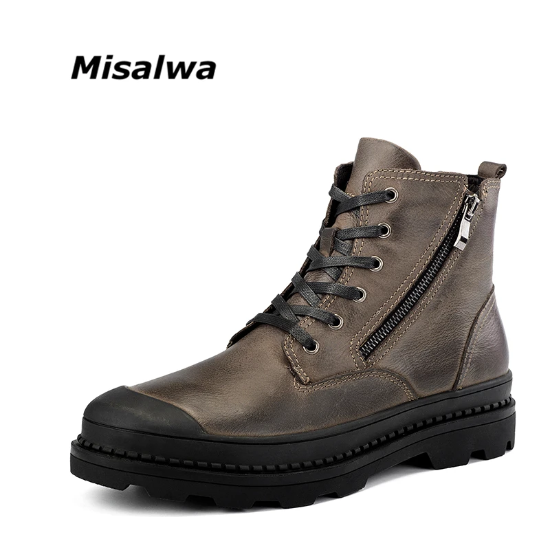

Misalwa Top Quality Genuine Leather Men Ankle Boot Big Size 38-47 Military Winter Plush Spring Boots Heavy