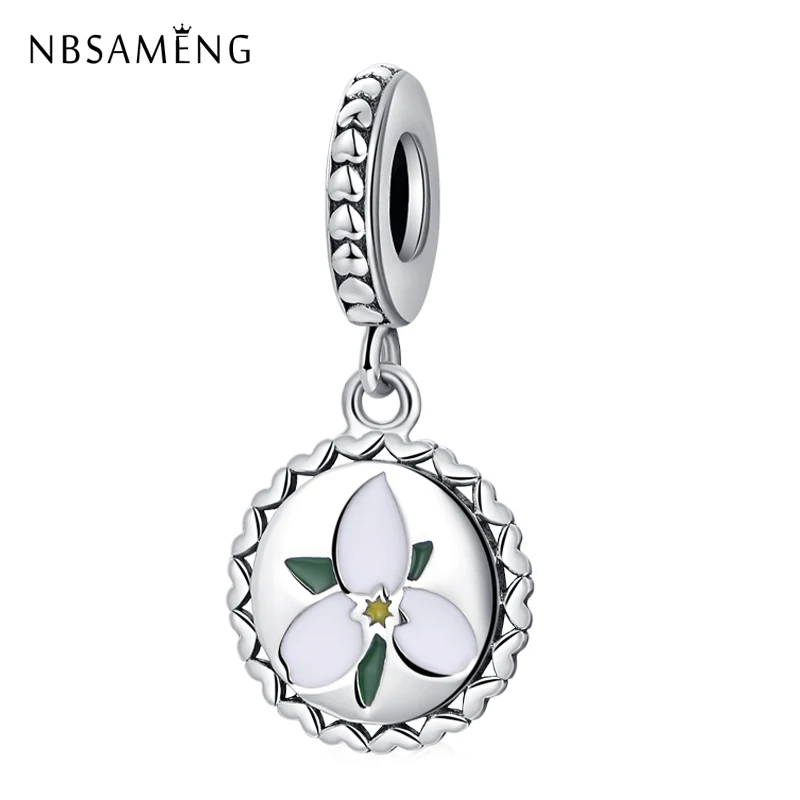 

2018 Real 925 Sterling Silver Bead Enamel White Flower Charm Circle Heart Pendant Charms Fit Pandora Bracelet Women Diy Jewelry