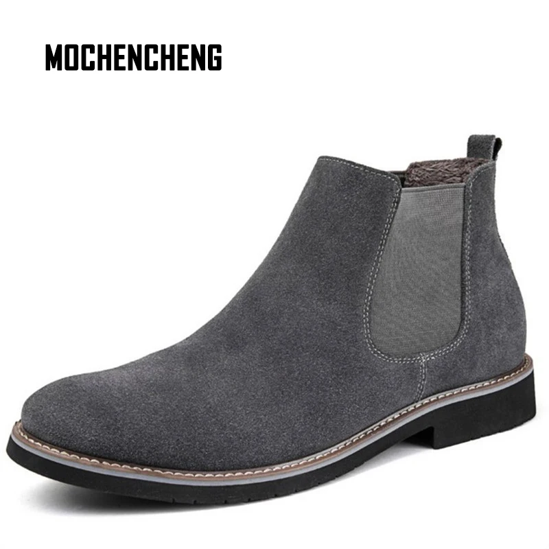 

Men Chelsea Winter Boots Cow Leather Platform High Top Desert Boots Solid Plush Warm Round Toe Square Heel Male Rubber Boots