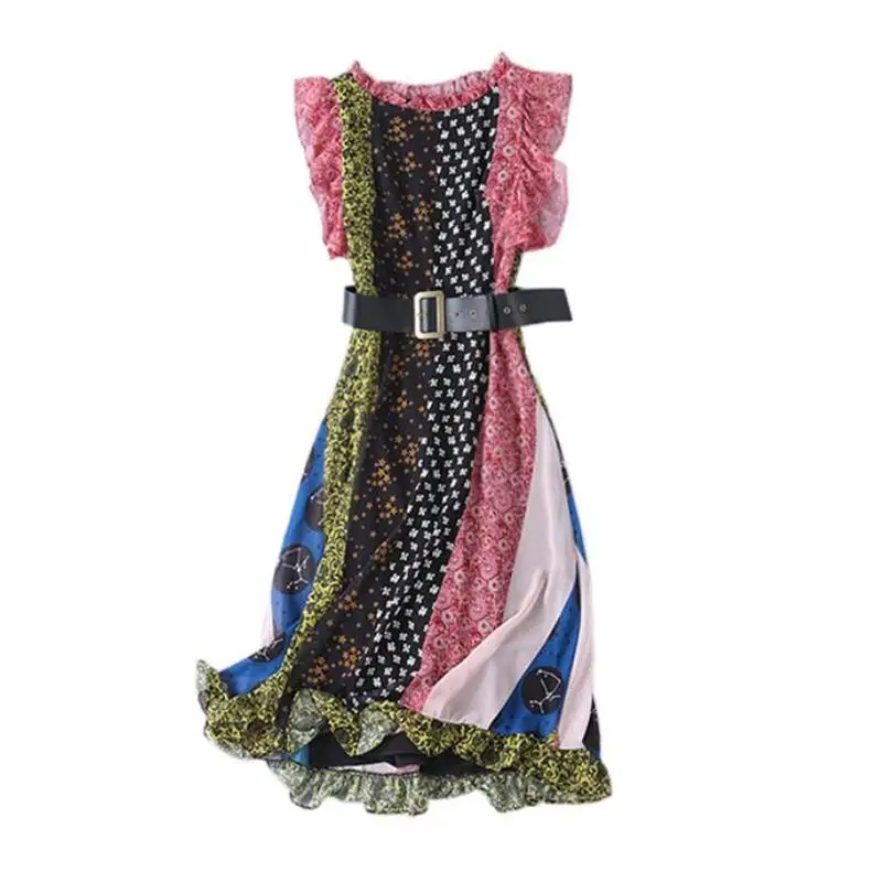 

Women Dresses 2019 High Quality Summer Runway Sleeveless Ruffles Floral Printed Color-blocking Ladies Elegant Dress NPD0677