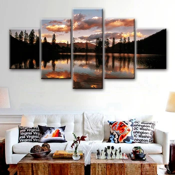 

Red Dusk Landscape Photograph Print Trees and Clouds Reflected in the Lake Picture for Modern Home Decor 5pcs Wall Art Painting