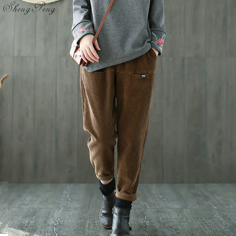 

2018 Women Corduroy Pants Vintage Autumn Winter Casual Thicken Warm Elastic Waist Loose Cotton Pleated Trousers V1172