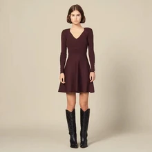 autumn and winter new V neck short-sleeved pearl buckle women Claret knitted dress