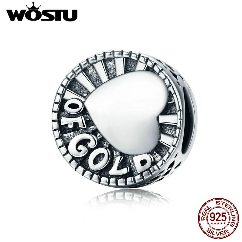 

WOSTU Authentic 925 Sterling Silver Heart Of The Gold Beads Fit Original Charm Bracelet DIY Jewelry Accessories Making CQC609