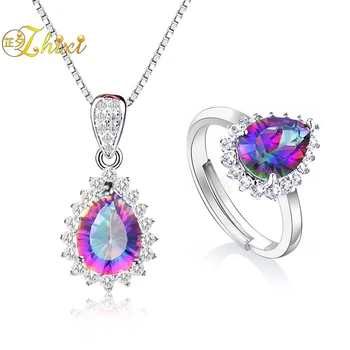 

ZHIXI Crystal Pendant Rings Necklace Jewelry Set 925 Silver Cool Trendy Gift For Women Water Shape T239DJ