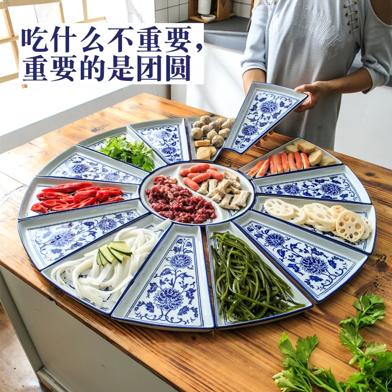 

Oversized Blue and white lotus Ceramic Plate Dish Round Sushi Steak Salad Hot Pot Shop Cuisine BBQ Christmas Meal family dinner