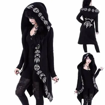 

Plus Size Women Coat Jacket Halloween Black Women Long Sleeve Punk Print Hooded Cardigan Jacket Coat Plus Size jaqueta feminina