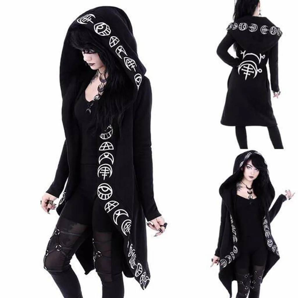 

autumn winter women coat jacket Women Long Sleeve Punk Moon Print Hooded Black Cardigan Jacket Coat Plus Size jaqueta feminina