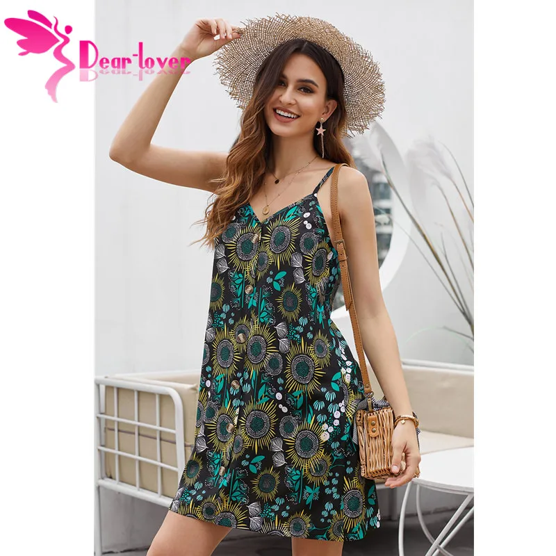 

Dear Lover New Fashion Women Boho Printed Dress Summer Spaghetti Strap Button Down V Neck Sleeveless Casual Mini Dress LC220720