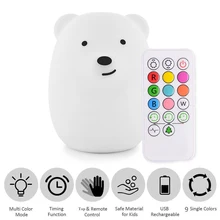 Baby Night Light Silicone Bear Nursery Lamps 4 Modes 9 Colors USB Rechargeable Remote Control Sensor Tap Night Lamp For Children
