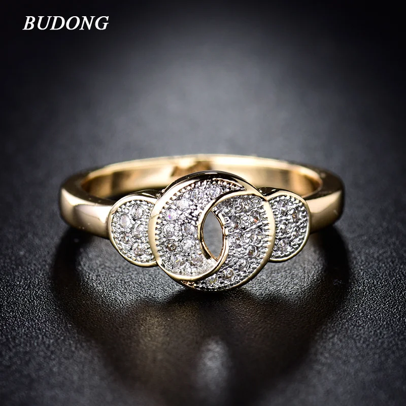 Женское кольцо с бантиком BUDONG infinity Золотое фианитом для свадьбы XUR278|ring knot|cubic zirconia