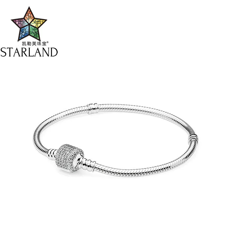 

Starland Original 100% Sterling Silver 925 CZ Glint Snake Chain Paved Charm Bracelet Bangle Fit Valentine's Day Women Jewelry