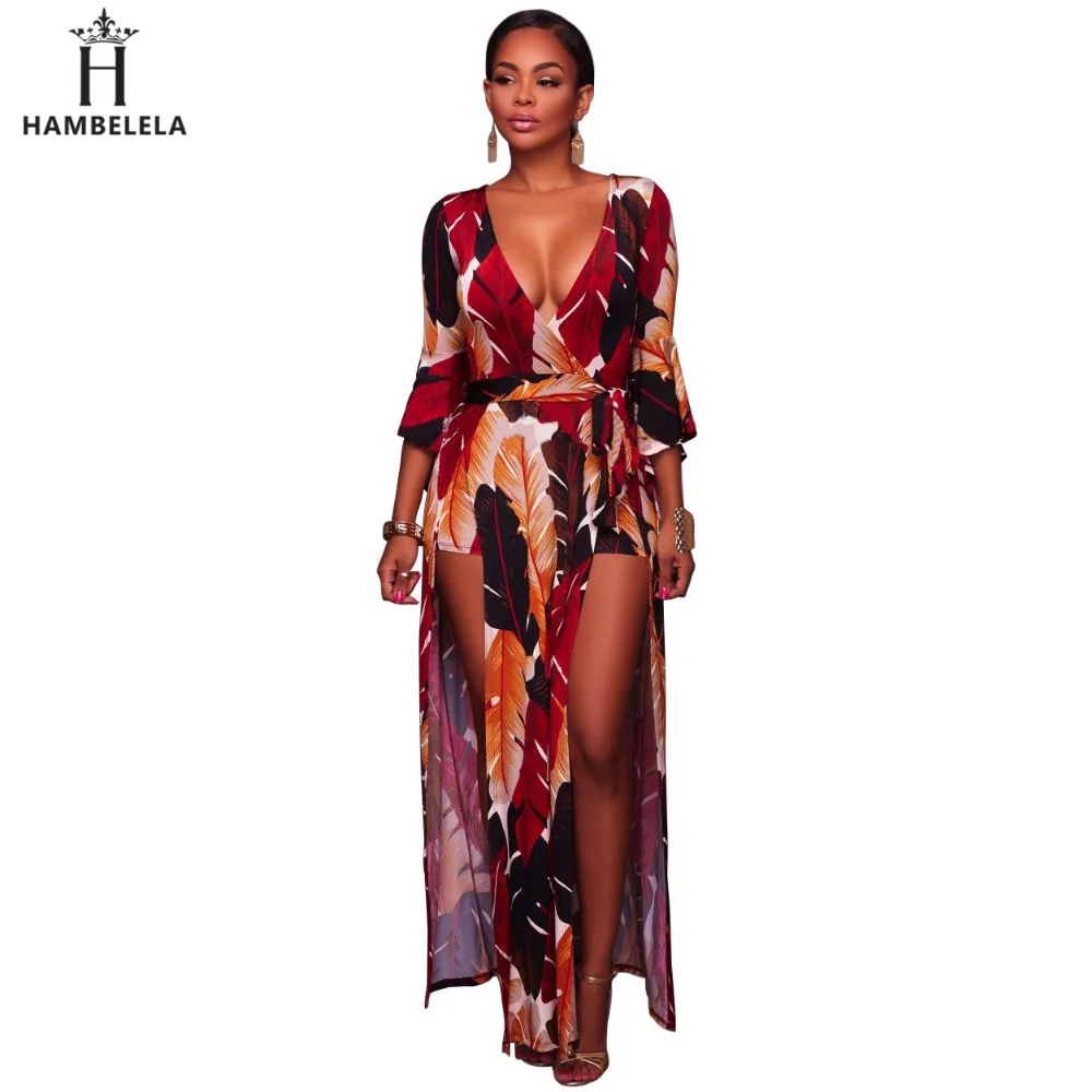 Hambelela New Arrival Women Dress Party Body Combinaison Sexy Floral Prints Split Long Dress Romper Shorts Autumn Maxi Dress (1)