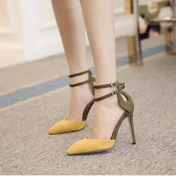 

Shoes women 2019 summer new pointed color matching suede single shoes hollow stiletto buckle with high heel shoes