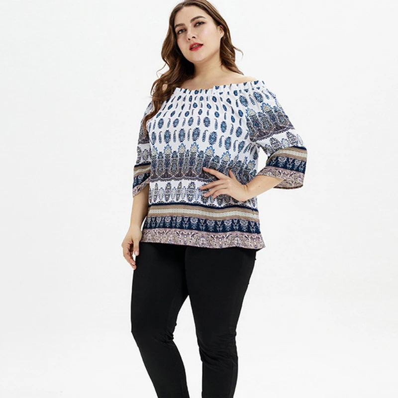 

Plus Size Slash Neck Print Blouse Casual Summer Blusa Female Big Size Half Sleeve Tops Shirts Femme Large Size Blouse Ladies