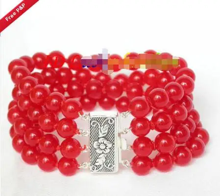 

Wholesale price 16new ^^^^^^^8" 8mm 4row round sanguine jade bead Bracelet 925 silver clasp j8044