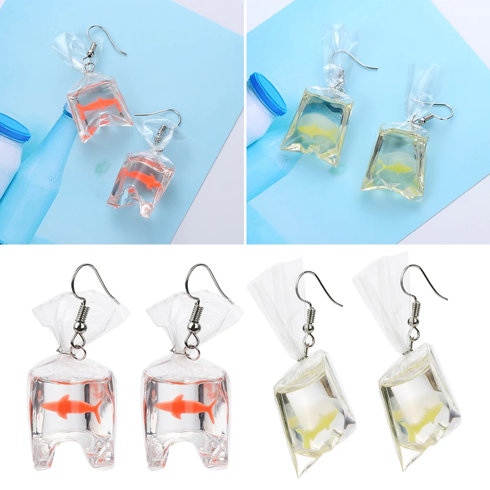 1 Pair Trendy Goldfish In Plastic Bag Ear Dangle Hook Earrings Goldfish