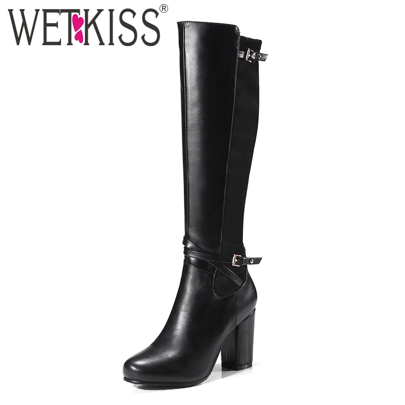 Goedkoop WETKISS 2018 Nieuwe Ontwerp Vrouwen Laarzen Dikke Hoge Hakken laarzen Gesp Rits Ridder Stijl Vrouwelijke Boot Big Size 33 43