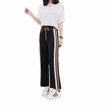 

Rlyaeiz England Style Fashion 2 Piece Set Women Sweat Suit 2019 Summer Fashion Short Sleeve T shirts + Striped Wide Leg Pants