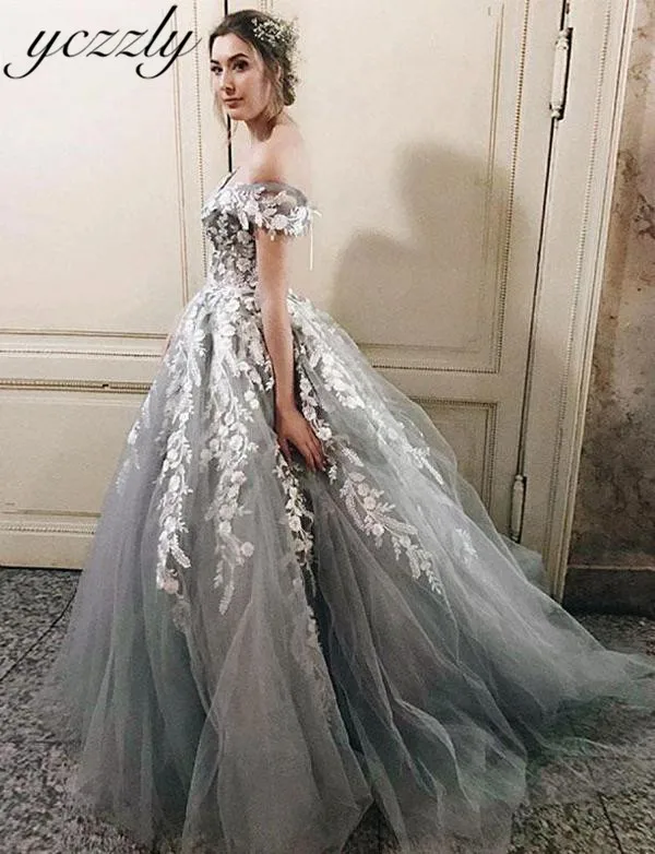 

Gray wedding dress Elegant Off-shoulder Ball Gown Princess Ivory Appliques Wedding Dresses Plus Size Long Bridal Dress Gelinlik