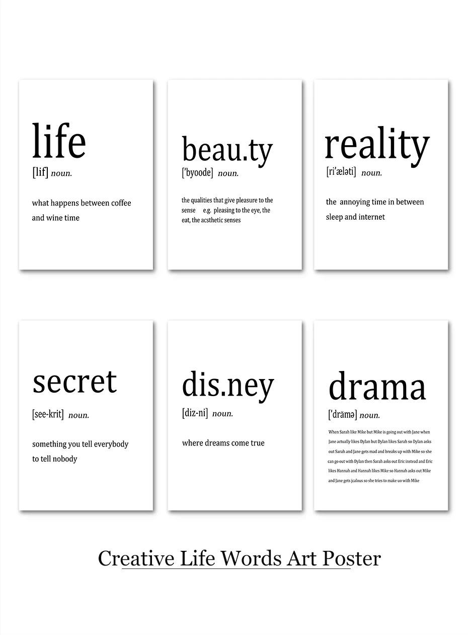 Vocabulary&Meaning Wall Art Minimalist Black&White Canvas Painting Nordic Vintage Posters&Prints Living Room Decoration Pictures (1)