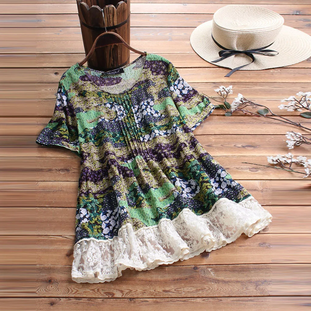 

feitong Women Patchwork Long Pleated Blouse Fancy Floral Lace Patchwork Short Sleeve Vintage Top Shirt Blouse туника женская Top