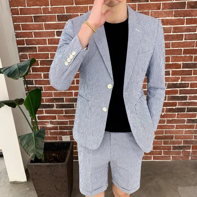 Mens Suit With Pants Shorts 2 Piece Men Tweed Retro Blue Striped Tuxedo