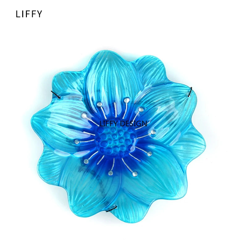 Liffy Hanging Bird Bath Blue Flower Glass Bowl Feeder for Garden Decoration Yard and Patio and Bathroom Accessories for Bird