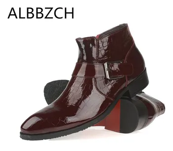 

Patent leather men boots autumn winter fashion shoes mens pointed toe wedding dress shoes ankle boots business office work boots