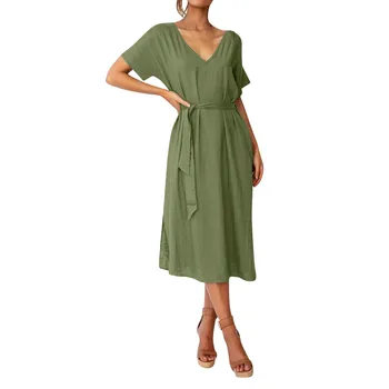 

KLV 2019 summer dress Womens latest fashion платье Pure Colour V-Neck Simple Long Dresses free shipping D4
