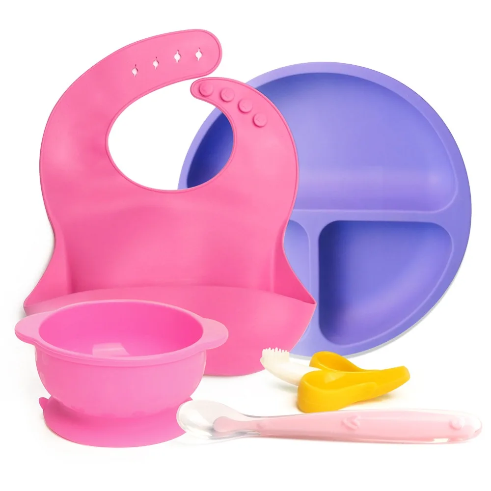 

Kids'Tableware Dish for Baby Bib Baby Children's Bowl Kids' Plate Silicone Spoon Feeding Set +Banana Teether Baby toothbrush