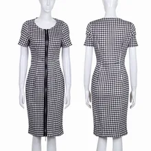 Women Elegant Tartan Formal Party Summer Pencil Sheath Dress with Front Zipper