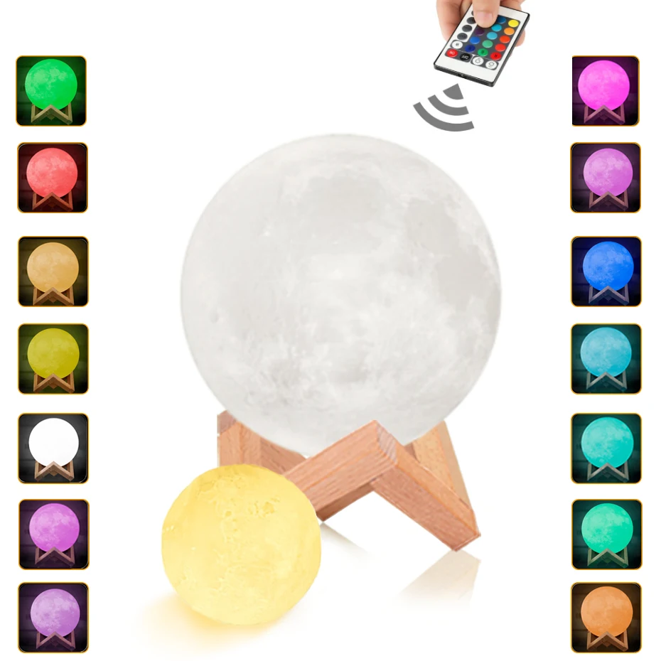

Rechargeable Moon Light 3D Print 16 Colors Remote Control Touch Switch Luna Lampara Luna 20cm Brightness Adjust Decoration Lamp