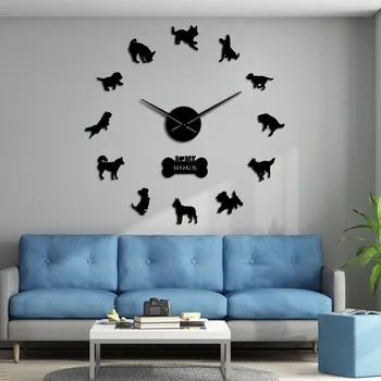 

3D Yorkshire Terrier Labrador Siberian Husky Chihuahua Border Colie German Shepherd Mixed Dog Breeds DIY Giant Wall Clock Watch