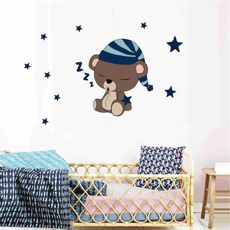 Настенные наклейки с милым медведем из мультфильма для детской комнаты, декоративные наклейки на стену из ПВХ с Луной и звездами, декор для детской комнаты