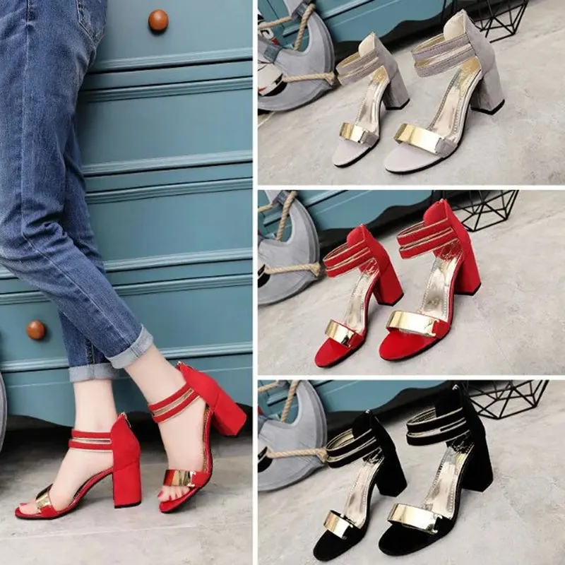 

Masorini 2019 Summer Women's Sandals Shoes Flock Sandals Metal Decoration Fashion Party Lady Square Heel Ankle-Wrap Shoes W-647