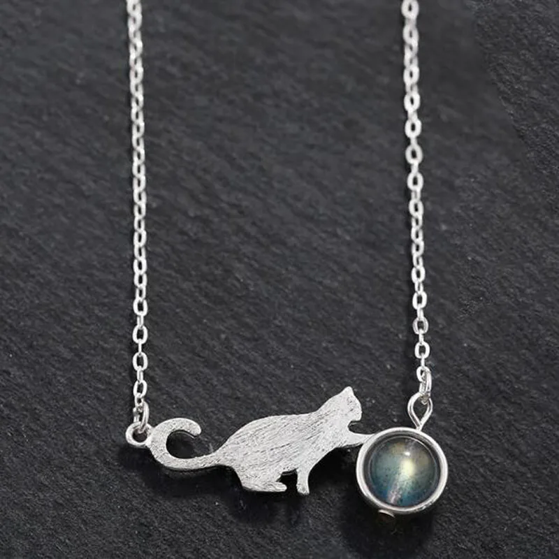 925 Sterling Silver Moonstone Cat Necklace & Pendant Female Animal Cat