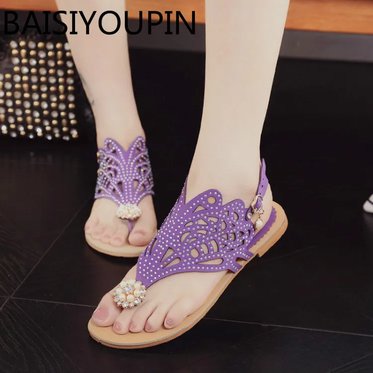 

2018 Ladies Rome Buckle Sandals Women Hollow Out Flats Slippers Women Summer Leisure Rhinestones Flat Toe Sandals Women's Shoes