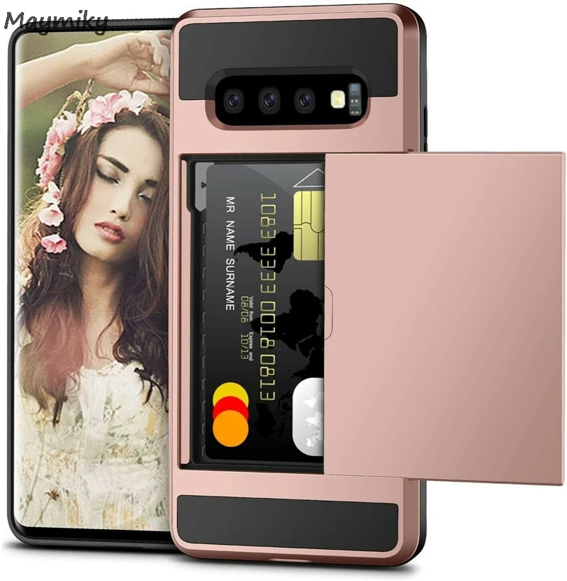 

Armor Slide Card Holder Case For Samsung Galaxy S10 Plus Shockproof Hybrid Hard Back Cover For S10 + / S10e Full Coque